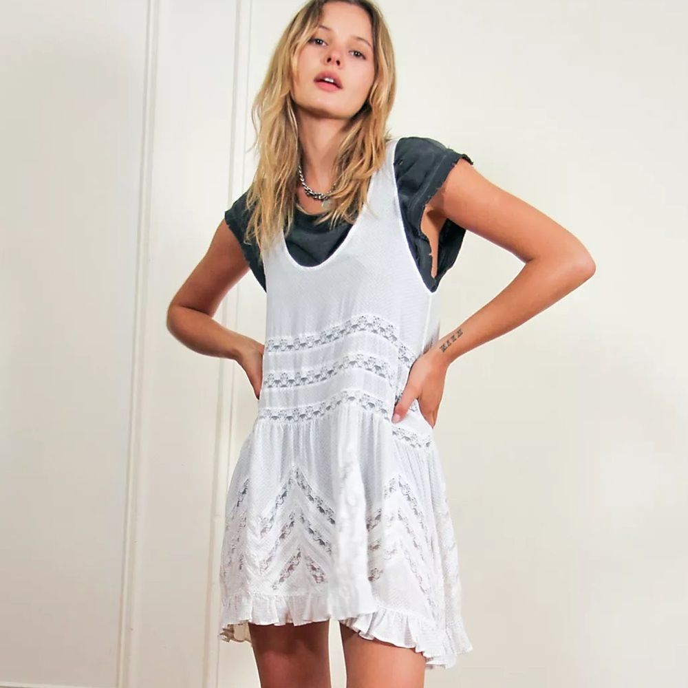 Intimately Free People | Women’s Voile and Lace Trapeze Slip Tank Dress XS White